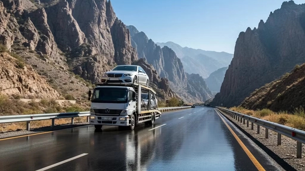 Transporting the car with a flatbed car carrier in Shahrekord